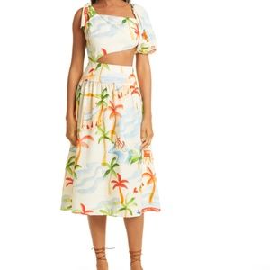 NWT $230 FARM Rio Copacabana Asymmetric Sleeve Side Cutout Linen Blend Dress- XL